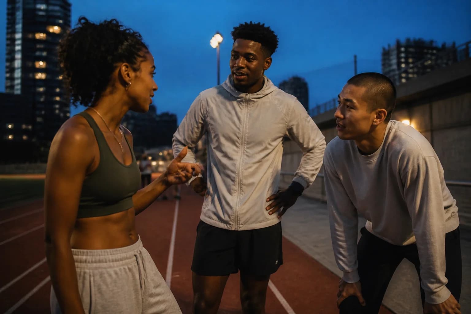 Three runners talking closely beside a city track at blue hour