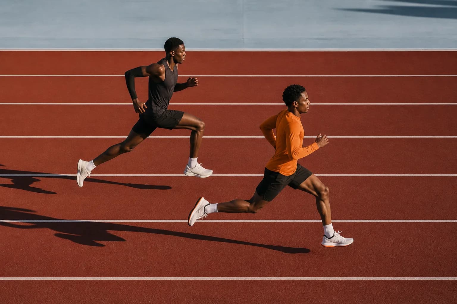 Two runners in contrasting kits racing side by side in parallel track lanes