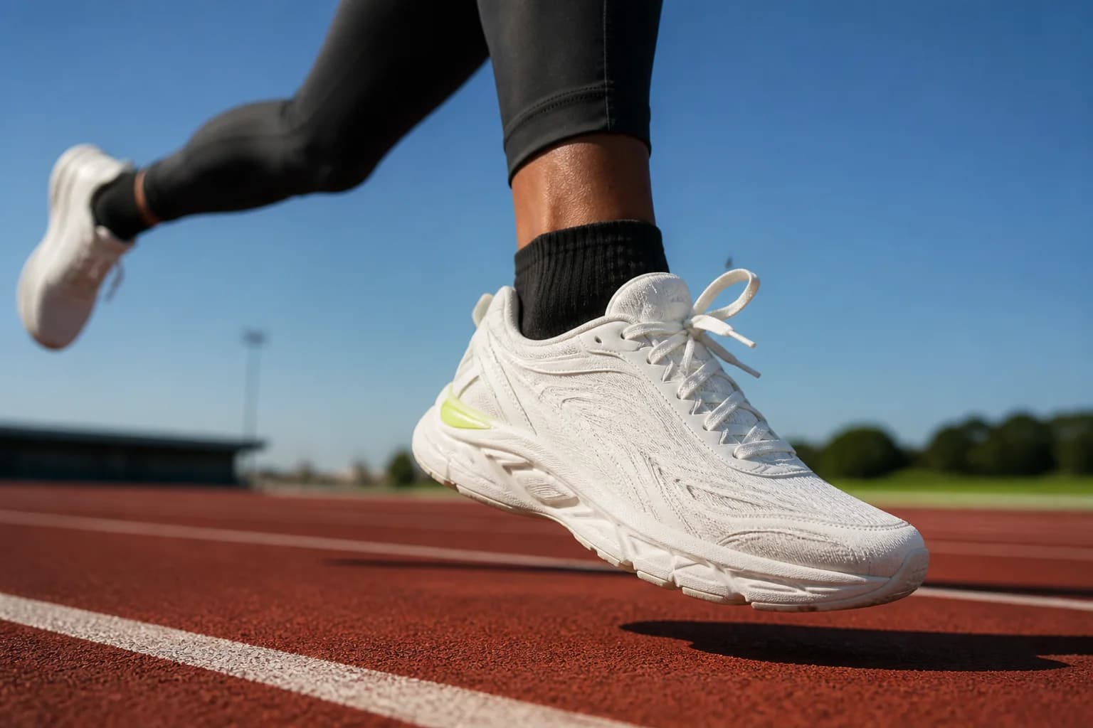 A white running shoe held sharply in view above a red athletics track