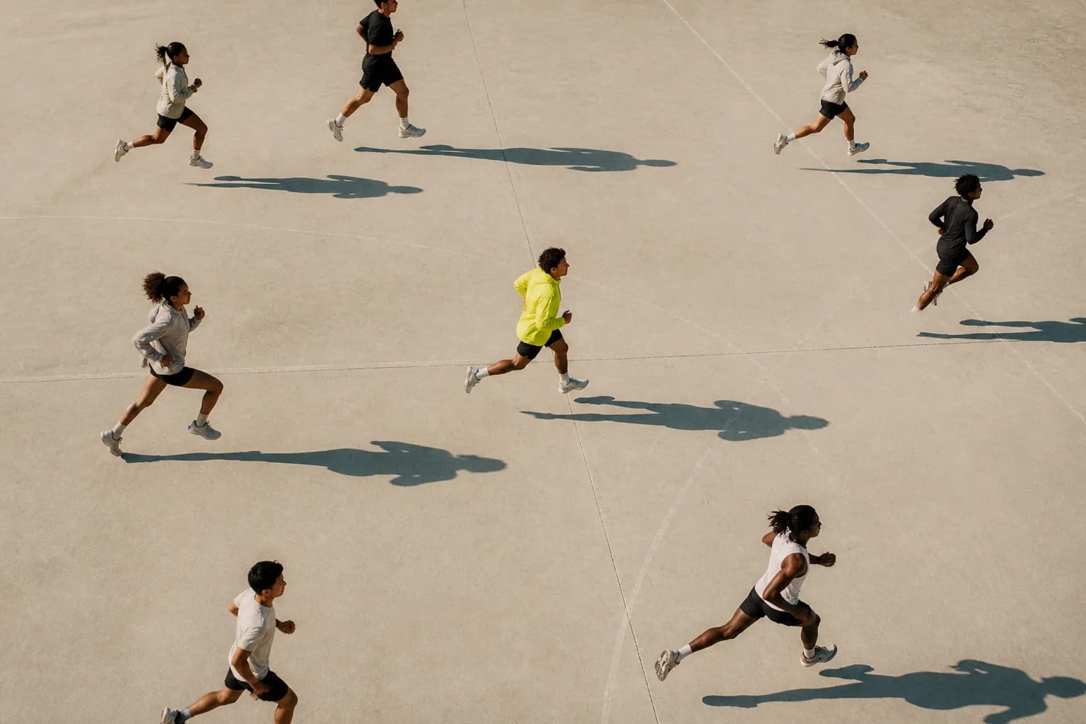 Runners crossing a sunlit concrete court in a repeating pattern, led by an athlete in a lime jacket