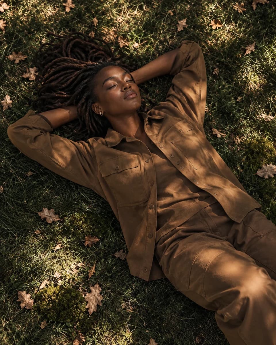A creator resting on woodland grass in dappled afternoon light