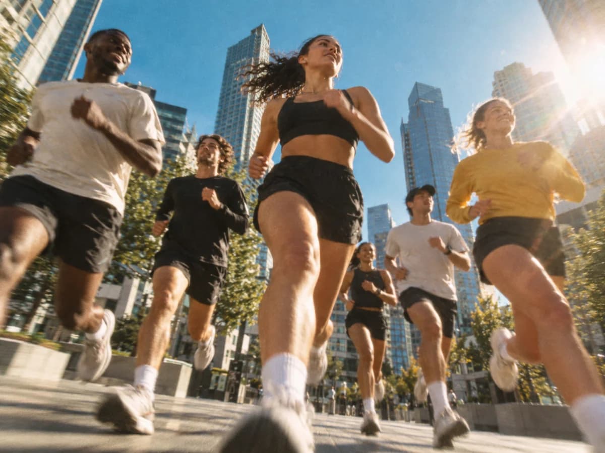 A group of runners moving together through a city session