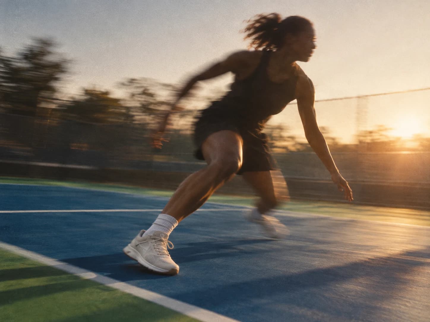 An athlete moving across a court in warm sunset light