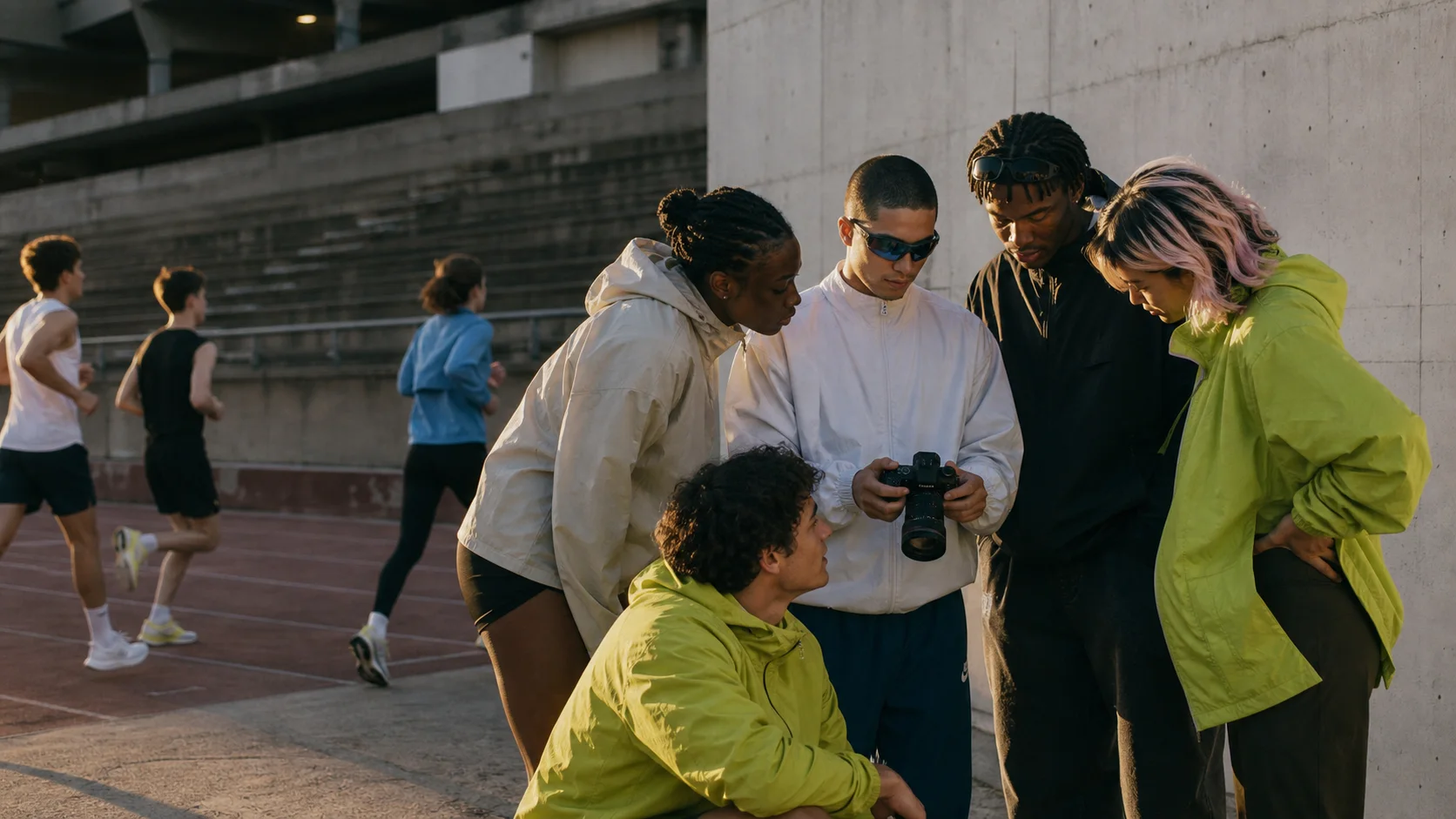 A creative team reviewing athlete footage beside a running track in low evening light