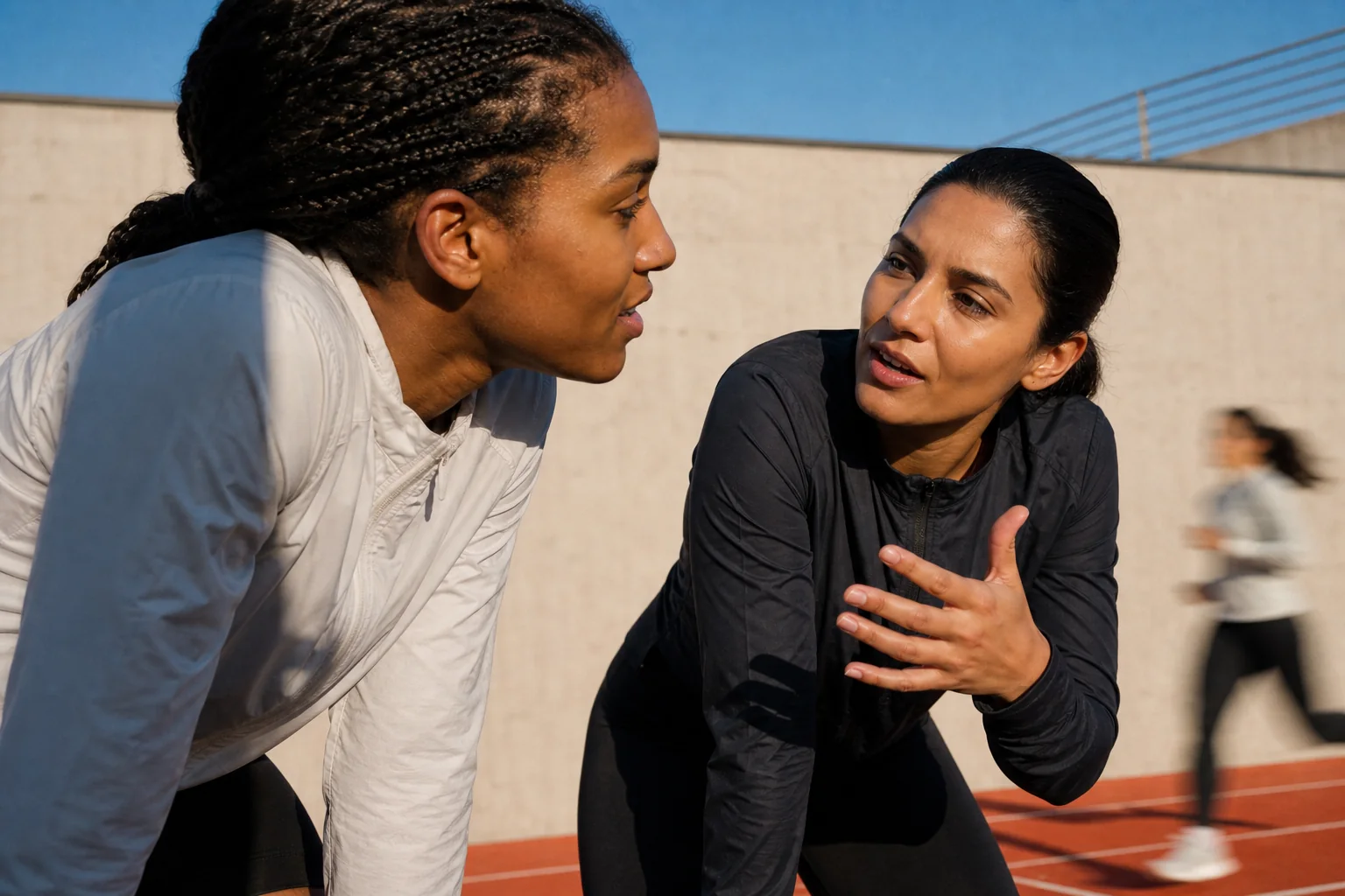 Three athletes crouched in conversation on a floodlit court at dusk, one holding a phone