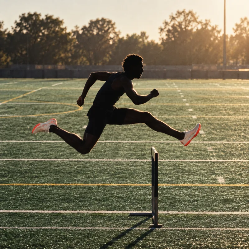 A backlit hurdler wearing pale performance shoes over a green field