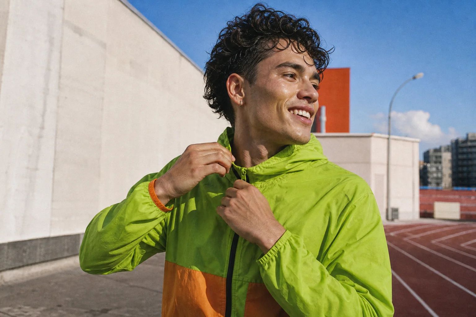 A creator making a self-shot post in a bright green sweatshirt